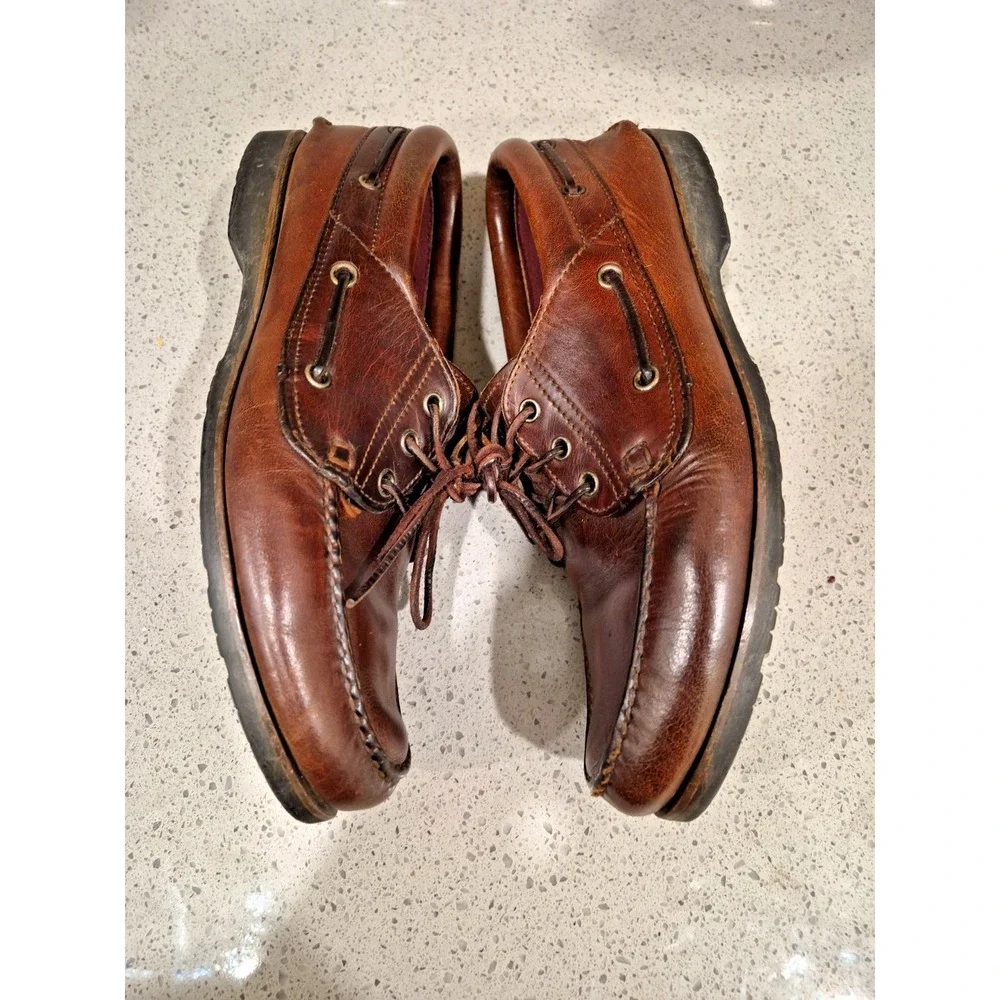 ECCO Shoes Mens 10.5 Casual Boat Brown Leather Lace Up Low Moc Toe Slip On